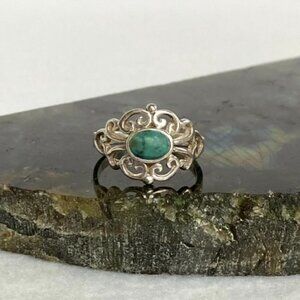 Sterling Silver 925 Cutout Scrollwork Oval Simulated Turquoise Ring Sz 7.25